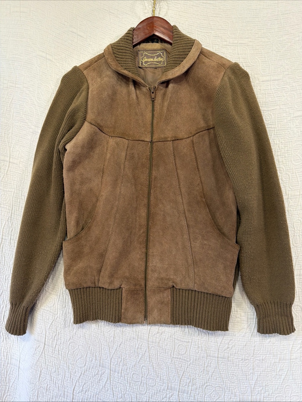 Vintage Genuine Leather Jacket Womens Size 12 Knit Mixed Media 70 Brown Full Zip